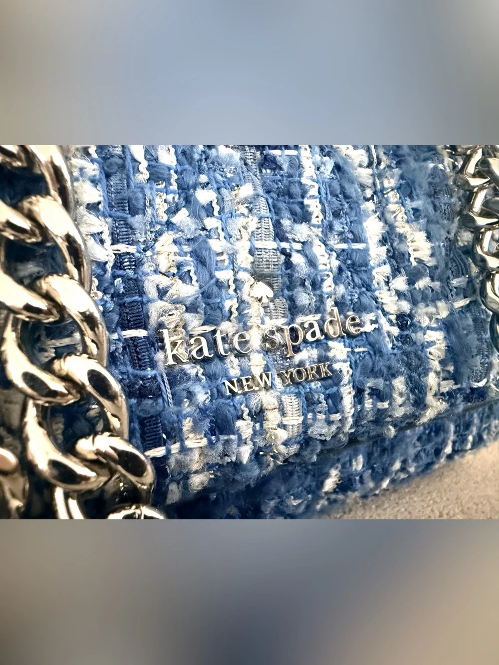 KATE SPADE Natalia Denim Tweed Medium Flap Chain Shoulder Crossbody Blue